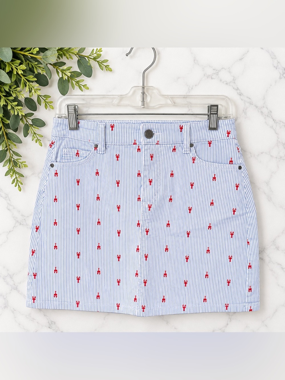 Market & Spruce Lobster Print Pinstripe Mini Skirt Size M Coastal Preppy